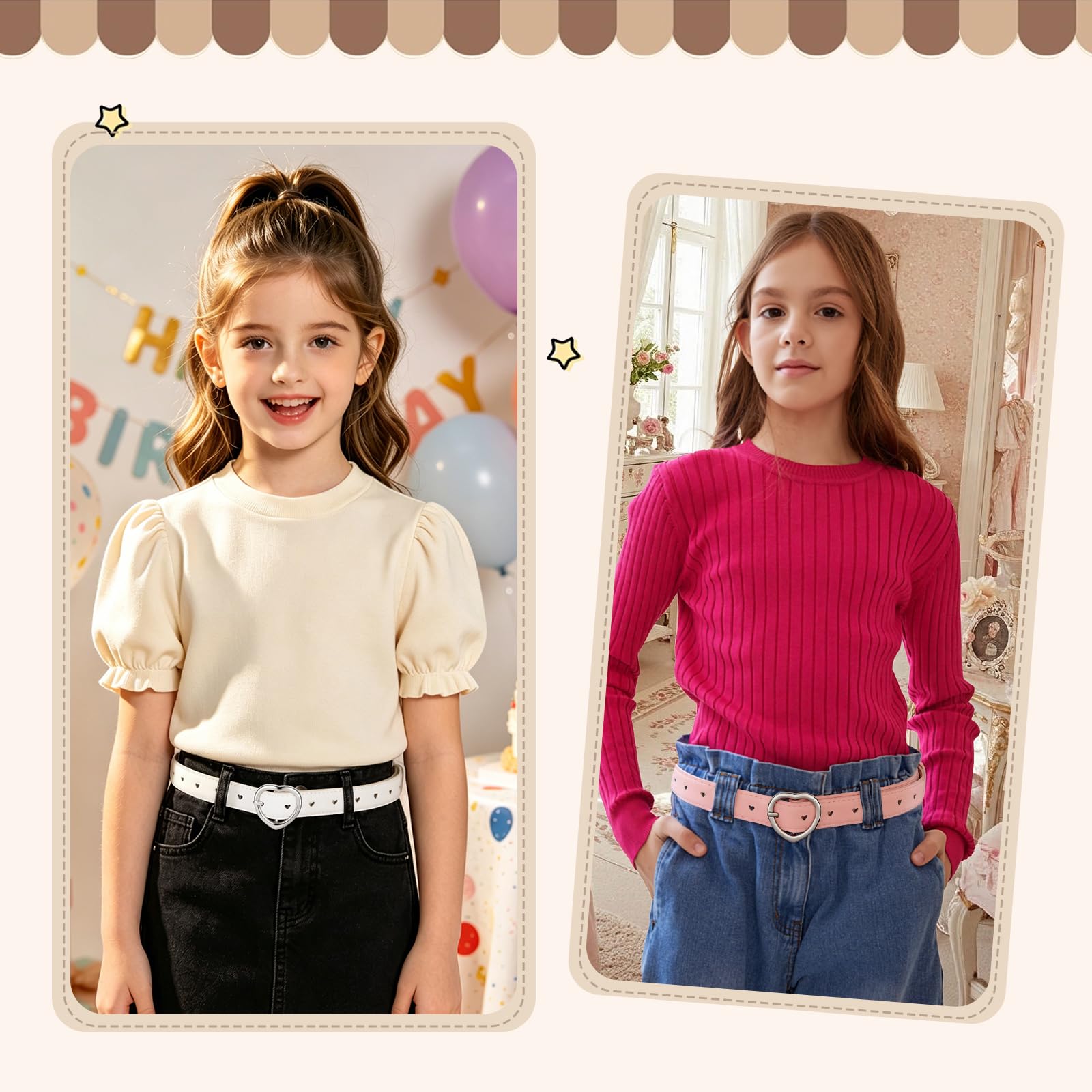 2 Pièces Ceinture Enfant Fille - Accessoires de Mode Avec Boucle En Forme De Coeur Réglable de 6-15 ans
