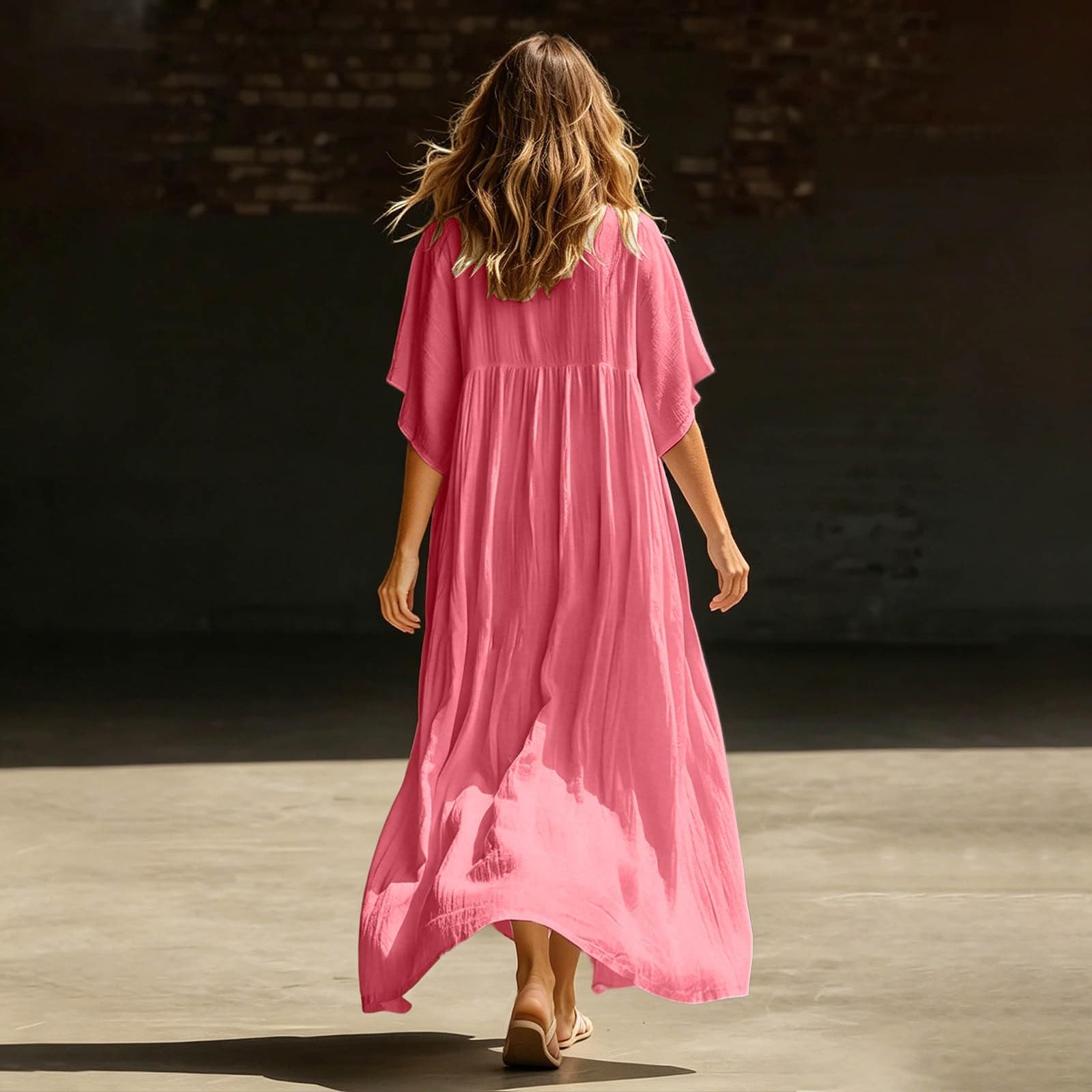 Vestido de Playa Holgado de Color Liso para Mujer con Escote en V.