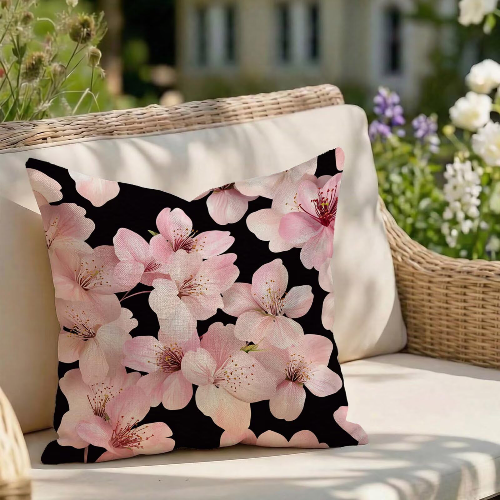 Coussin exterieur impermeable en lin rose 80x80 cm pour deco de jardin