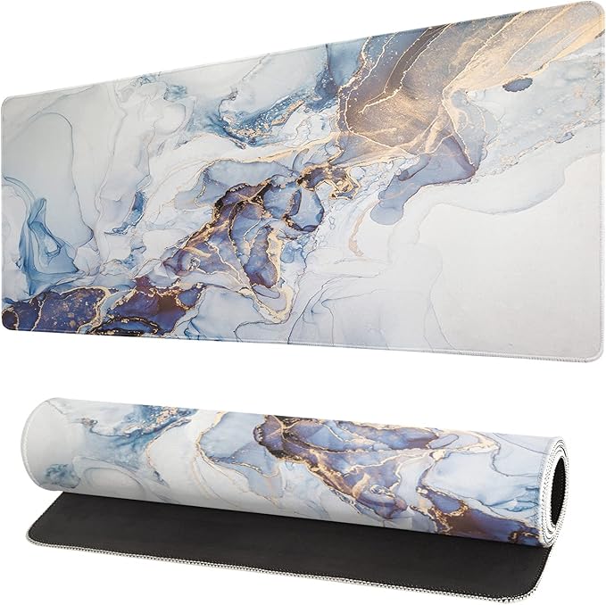 Brecoy White Blue Marble with Gold Gaming Mouse Pad, Extended Large