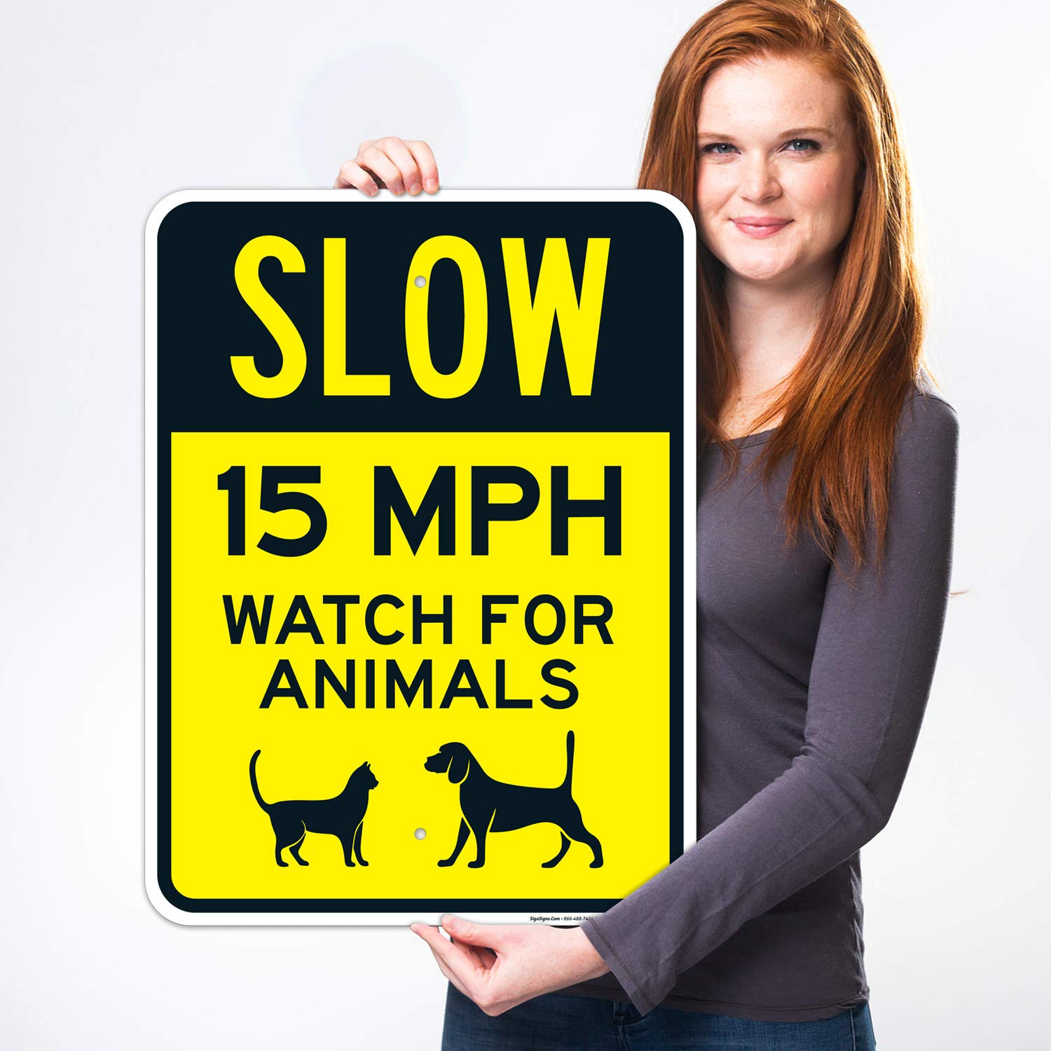 Slow 15 MPH Watch for Animals Sign, Traffic Sign, 18x24 Inches, Rust Free .063 Aluminum, Fade Resistant, Indoor/Outdoor Use, Made in USA