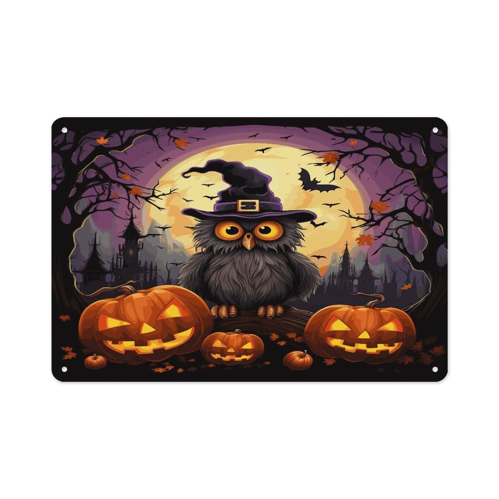 Btcowzrv Style Halloween Owl Ghost Pumpkin Metal Sign 7.9 X 11.8 Inch, Aluminum Sign Wall Art Decor Easy To Install, Decorative Plaque For Home Bar Kitchen Pub Shop Garage