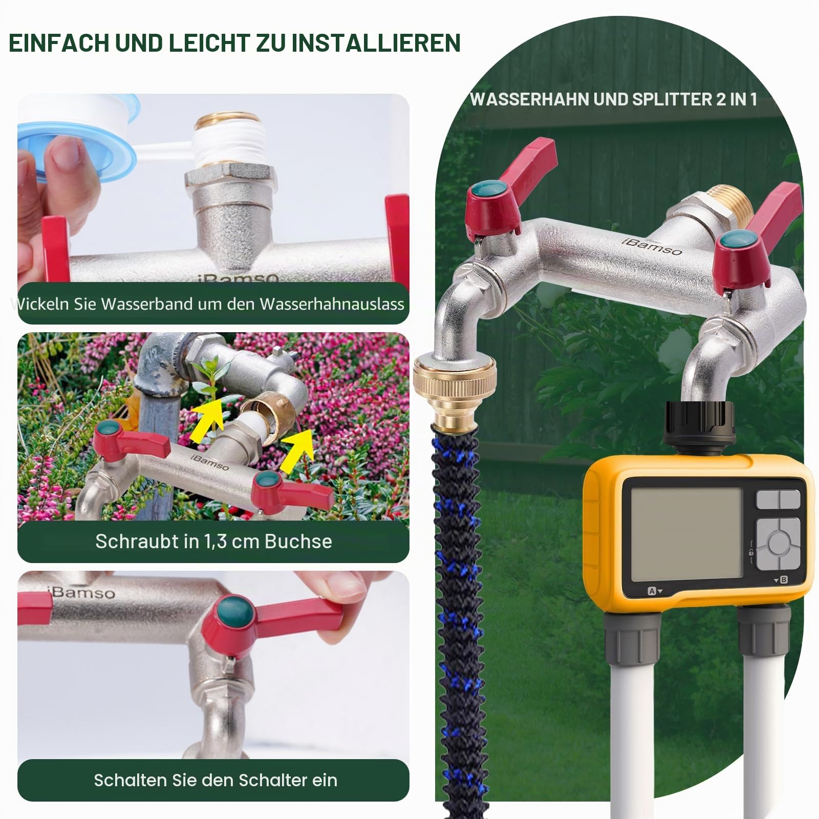 Messing 1/2 Zoll Doppelhahn & Splitter, 1/2 Zoll Einlass & zwei 3/4 Zoll Ausgänge, Kugelhahnhahn, 2-Wege-Wasserhahnanschluss