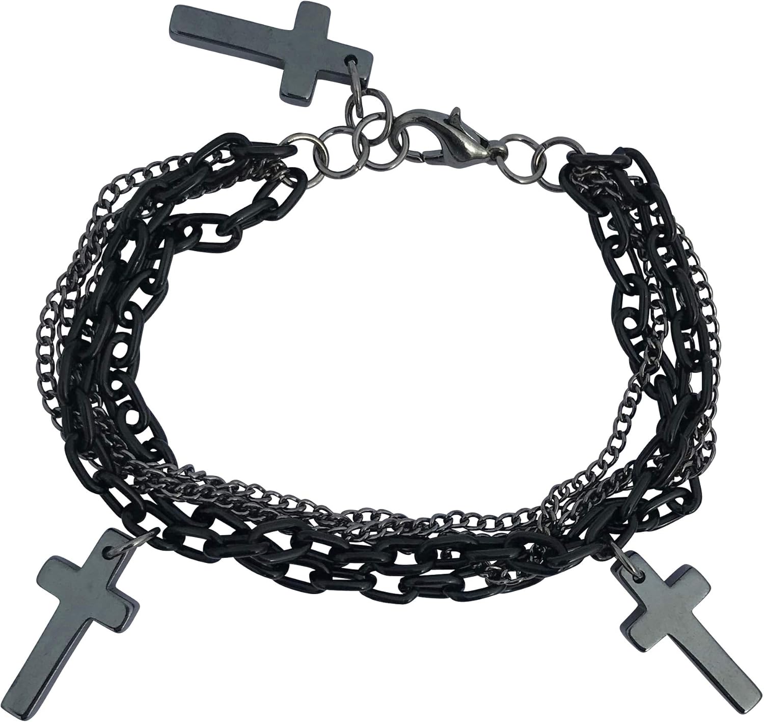 DragonWeave Multilayer Gothic 80s Retro Black and Gunmetal Chain Fashion Cross Charm Bracelet