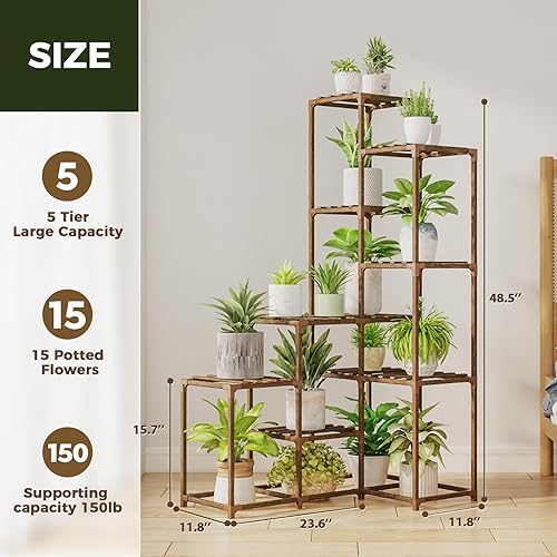 Miniatura 26 de Bamworld Soporte para plantas de interior y exterior, estante de esquina para 7 macetas para sala de estar, múltiples plantas, patio, balcón