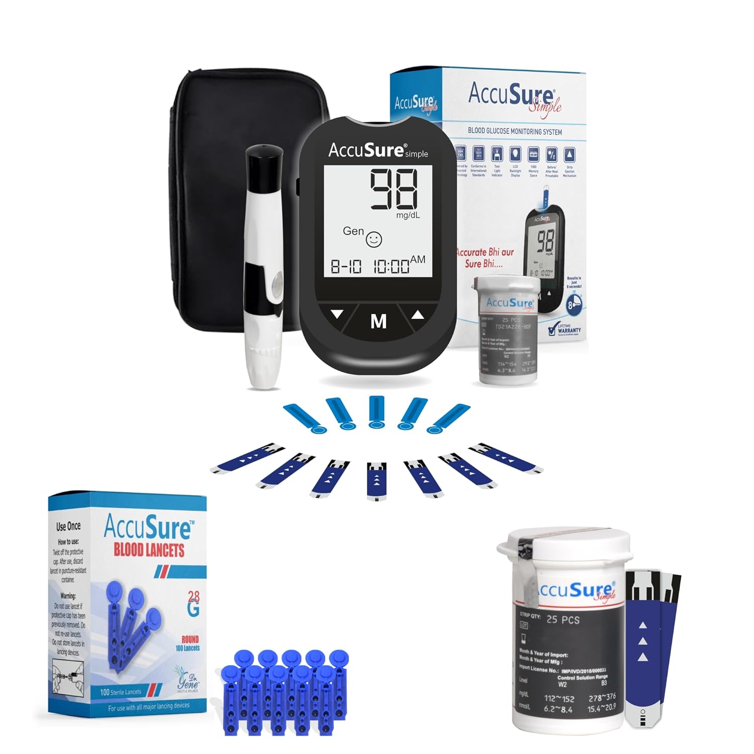 AccuSure Instant Digital Simple Glucometer Kit With 100 Blood Lancet With Simple Test Strips 25 For Accurate Blood Glucose Sugar Testing Machine, Multicolor