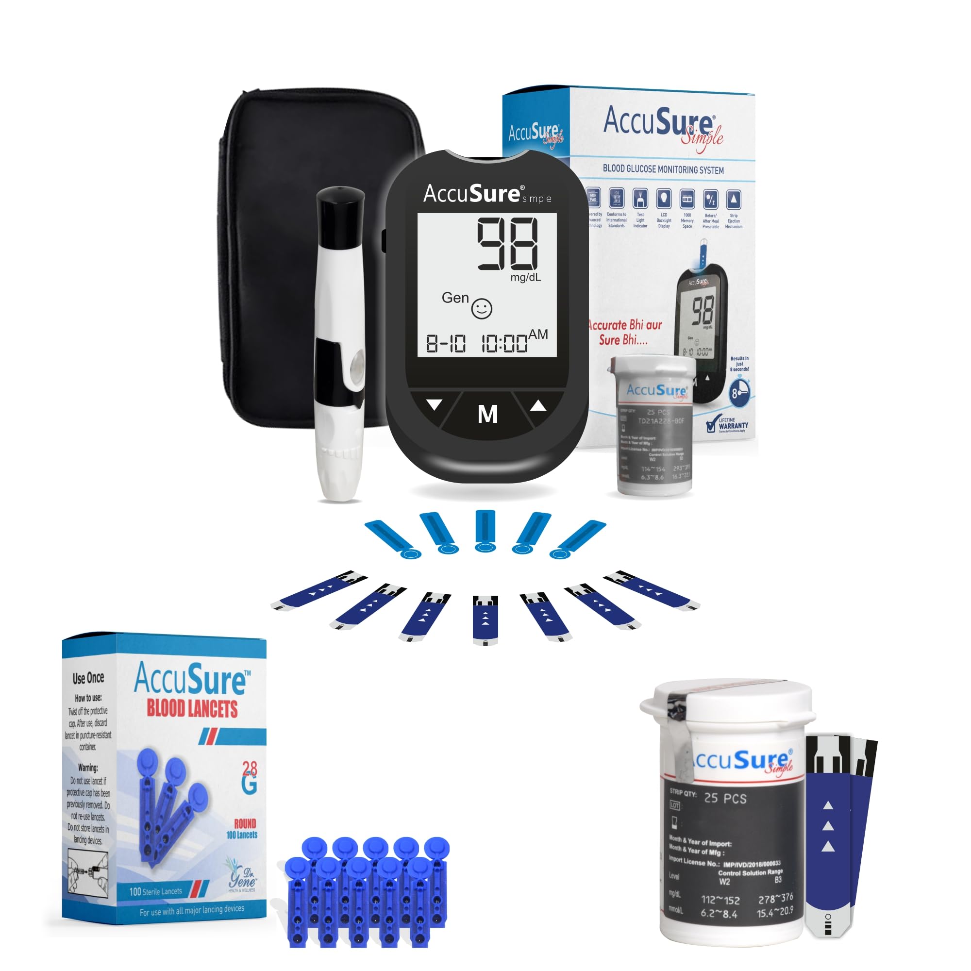 accusure instant digital simple glucometer kit with 100 blood lancet with simple test strips 25 for accurate blood glucose sugar testing machine, multicolor