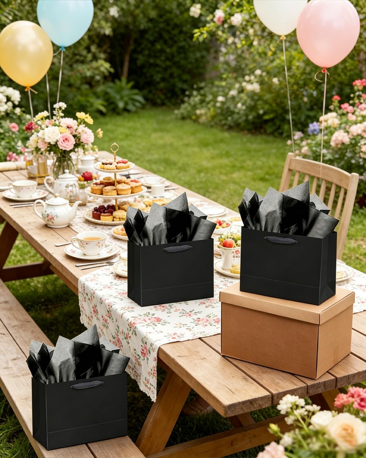 qiqee 5PCS Black Gift Bags with Ribbon Handles 9.6"x7.9"x4.3" Medium Size Gift Bags (Tissue Paper included, Medium Wide)