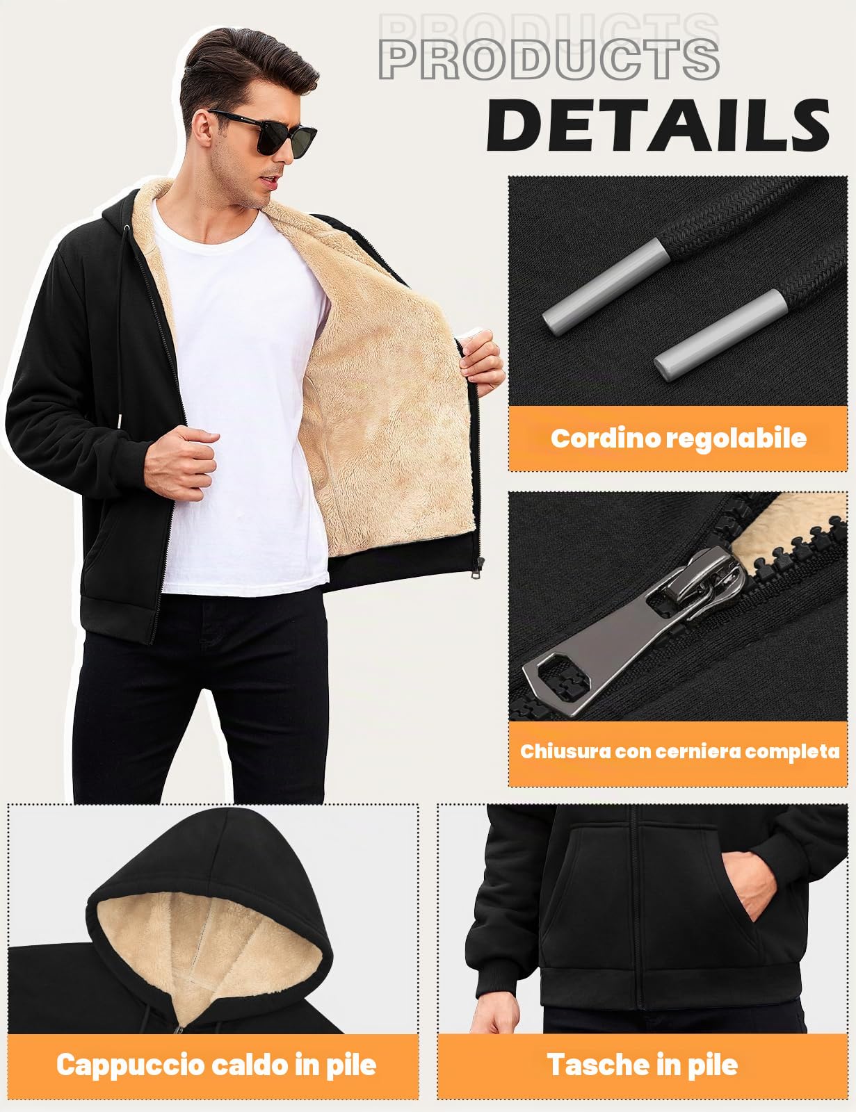 TOMEEK Felpa Uomo con Cappuccio Felpa in Pile Invernale e Zip Manica Lunga Giacca con Tasche Termica Casual Hoodie Fleece Giubbotto Essentials e Cerniera Sweatshirt