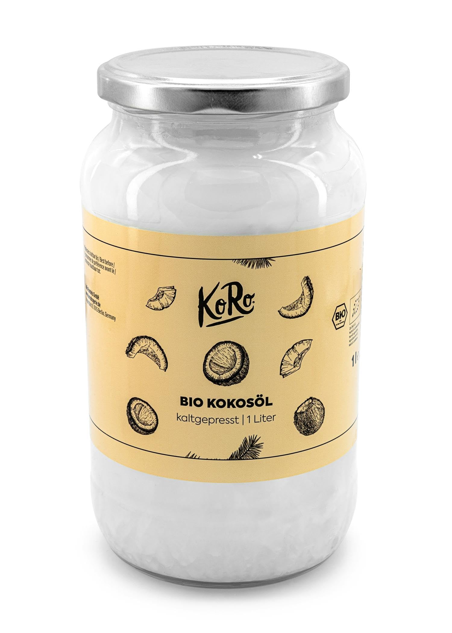 KoRo - Olio di cocco bio 1 litro - puro olio di cocco biologico extra vergine, per corpo, capelli e uso alimentare, senza zucchero, naturale e idratante