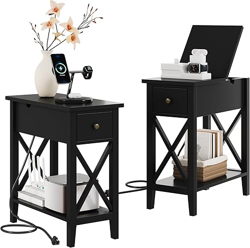 Miniatura 15 de ChooChoo Juego de 2 mesas auxiliares, mesa auxiliar estrecha abatible con cajón, mesita de noche pequeña para sala de estar, dormitorio y espacios