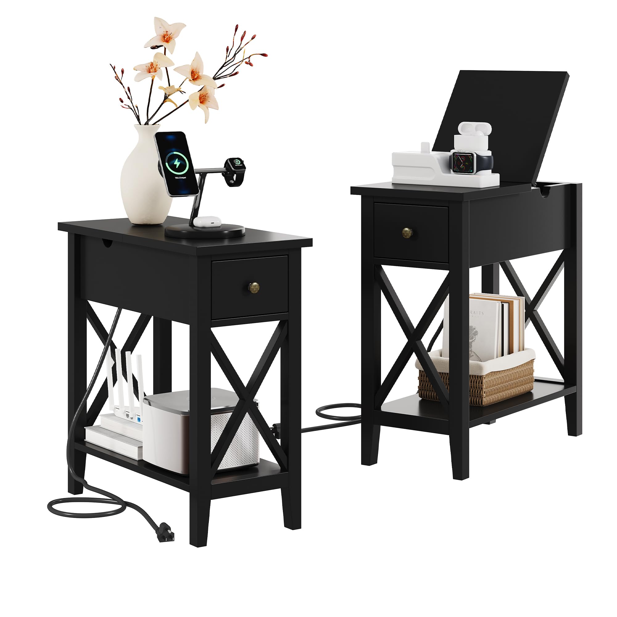 View 1 of ChooChoo End Table Set of 2 with Charging Station, Narrow End Table with USB Ports and Outlets, Small Side Table Nightstand with Drawer for Living Room, Bedroom, Black
