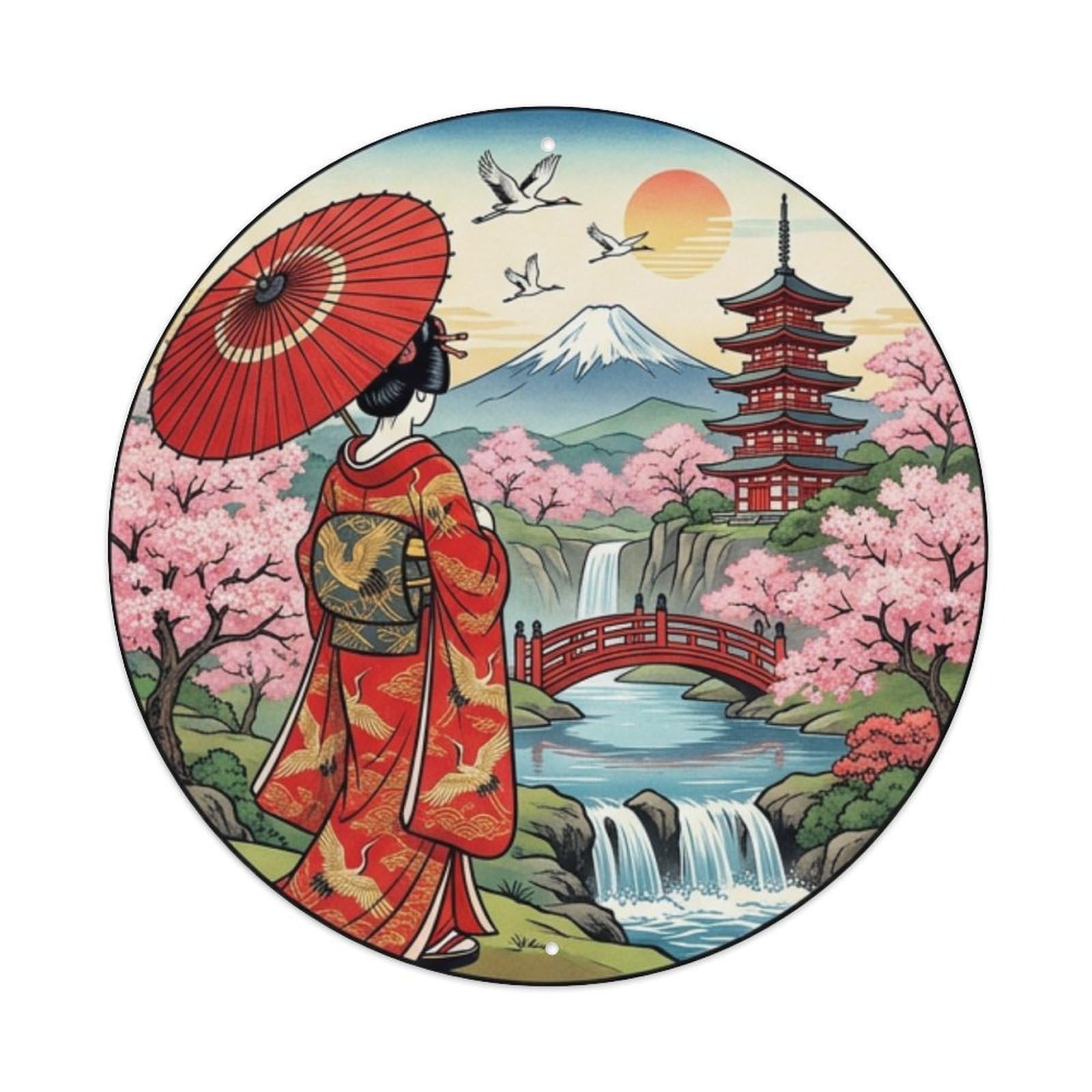 Cwbufd Vintage Style Japanese Cherry Blossom Geisha Viewing Scene Vintage Metal Tin Sign Plaque Wall Decor For Cafe, Club Bar, Office, Garden Metal Poster 8X8inch