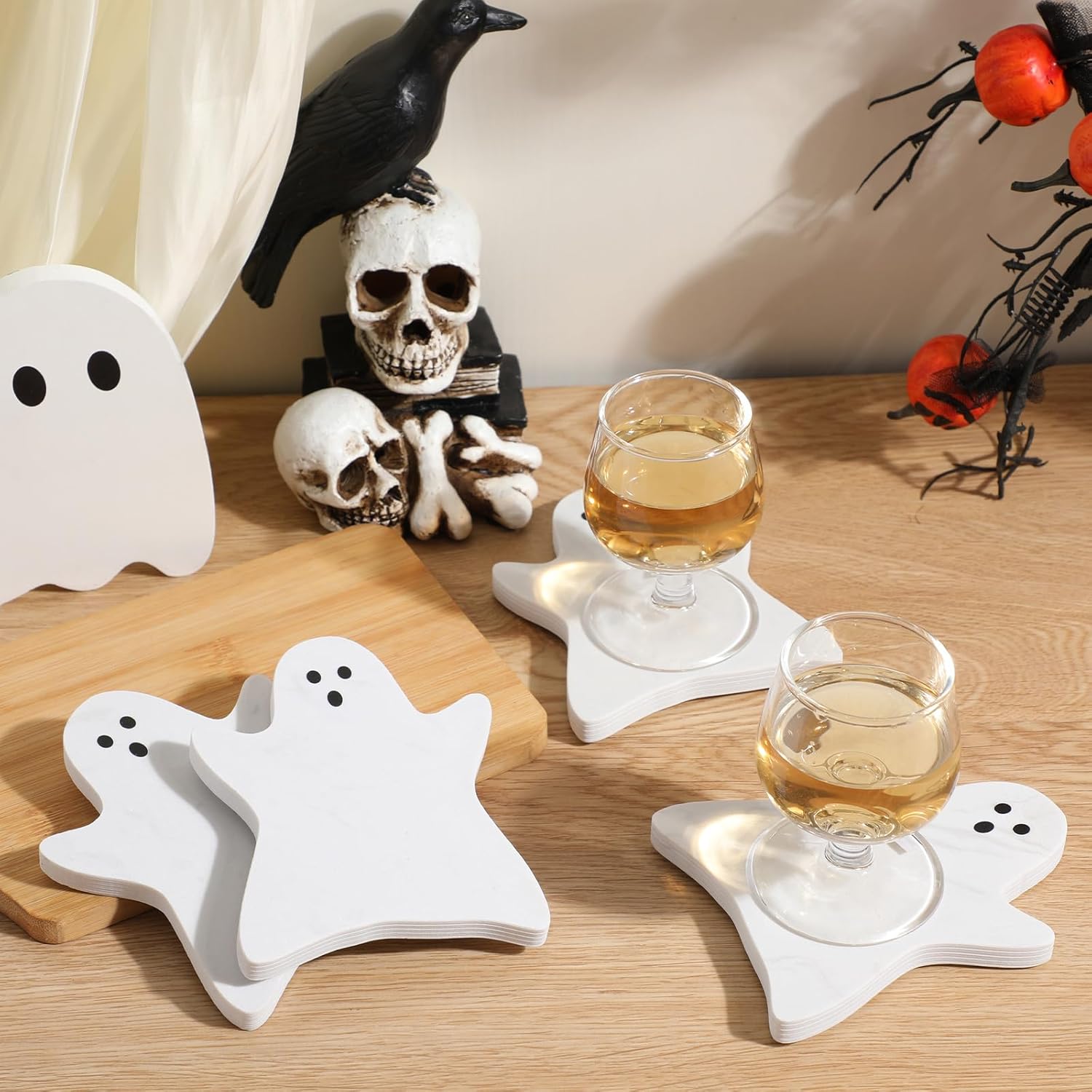 4pcs Marble Coasters Halloween Ghost Coasters 4.7 x 3.9 Inches for Drinks Beverage Boo Mug Cup Car Desk Party Decoration(Halloween Ghost,White)
