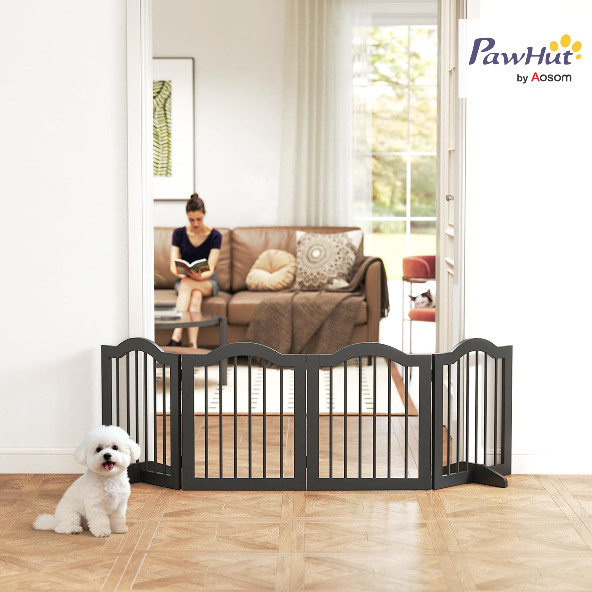 PawHut Valla Barrera Perro 4 Piezas, 208 x 61 cm Valla Plegable para Perros con Puerta, Valla Protectora de Puerta con 2 pies de Apoyo, Puerta de Escalera Independiente para Cocina, Pasillo, Negro | Rejilla para perros de 4 piezas con puerta, con 2 patas