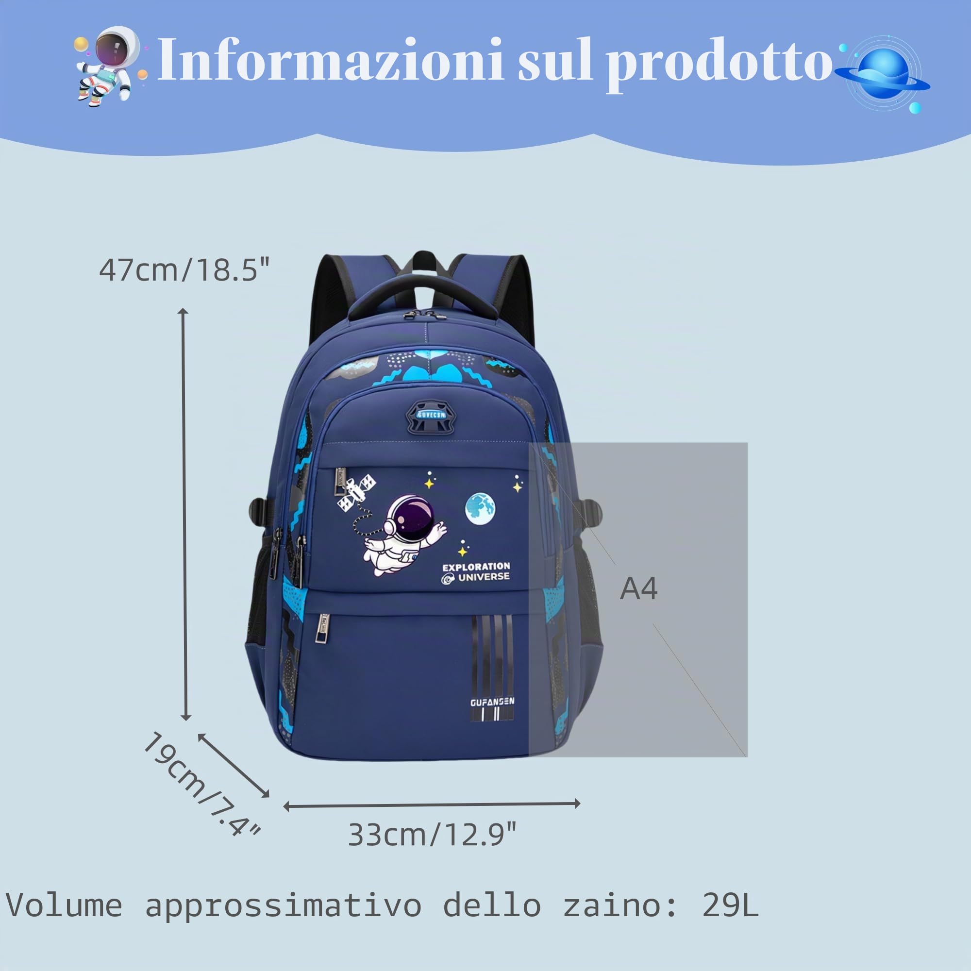 Zaini Spaziali per Ragazzi e Ragazze con Ciondolo Astronauta Borse per la Scuola, A02-blu, M