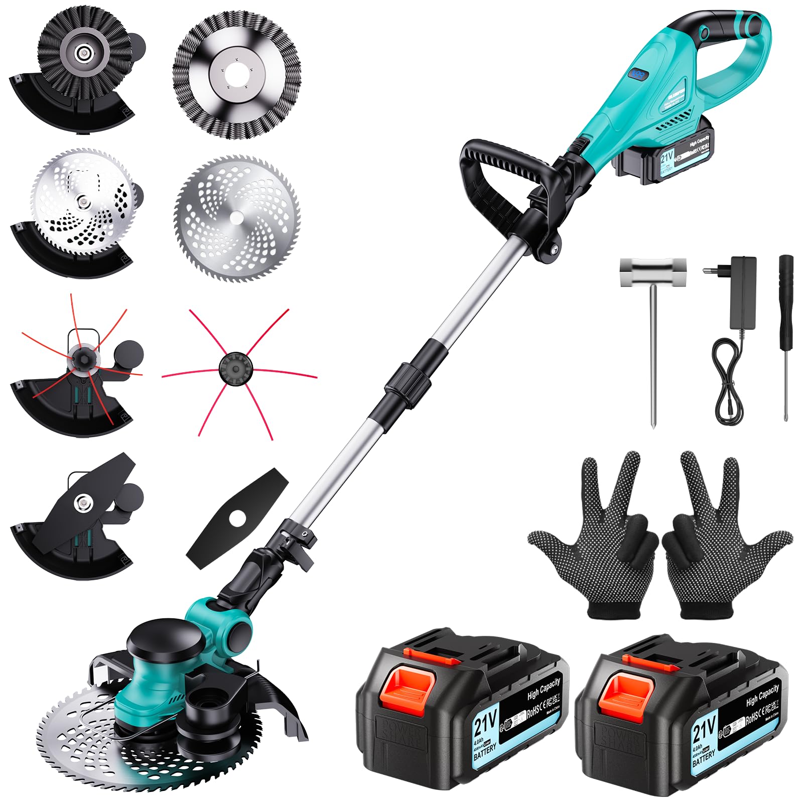 Rasentrimmer mit Akku,Elektro Rasentrimmer mit 2 X 4.0Ah Akkus und Ladegerätn,freischneider mit unkrautbürste,1000W Bürstenloser Motor,Elektro Trimmer Gartenkantenfräser für Garden und Rasen