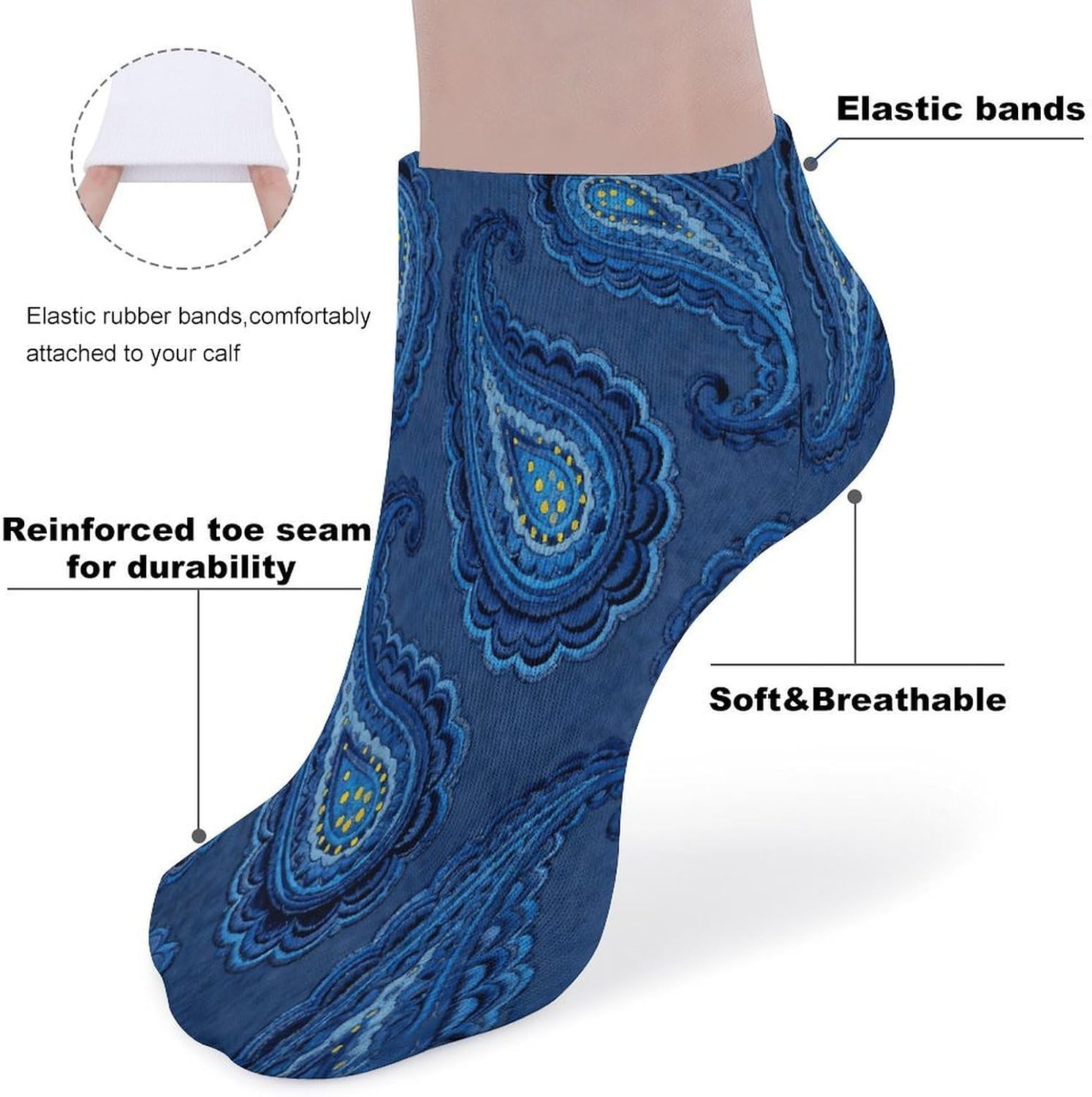 Royal Blue Paisley Crew Sock for Men Women Funny Novelty Socks Athletic Ankle Socks Comfort Soft Low Cut Tab Sock 5 Pairs