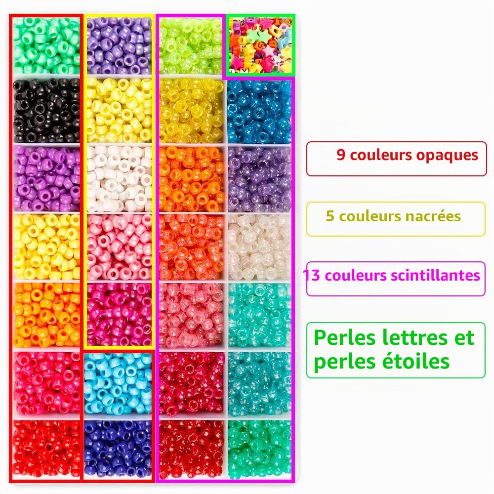 INSCRAFT Perles pour Bracelet, 4600 Pièces Kit Perles de Rocaille de 9mm en 27 Couleurs avec Motifs Lettres et Étoiles, Fil Élastique pour Fabrication de Bracelets et Bijoux, Kit Bracelet Enfant