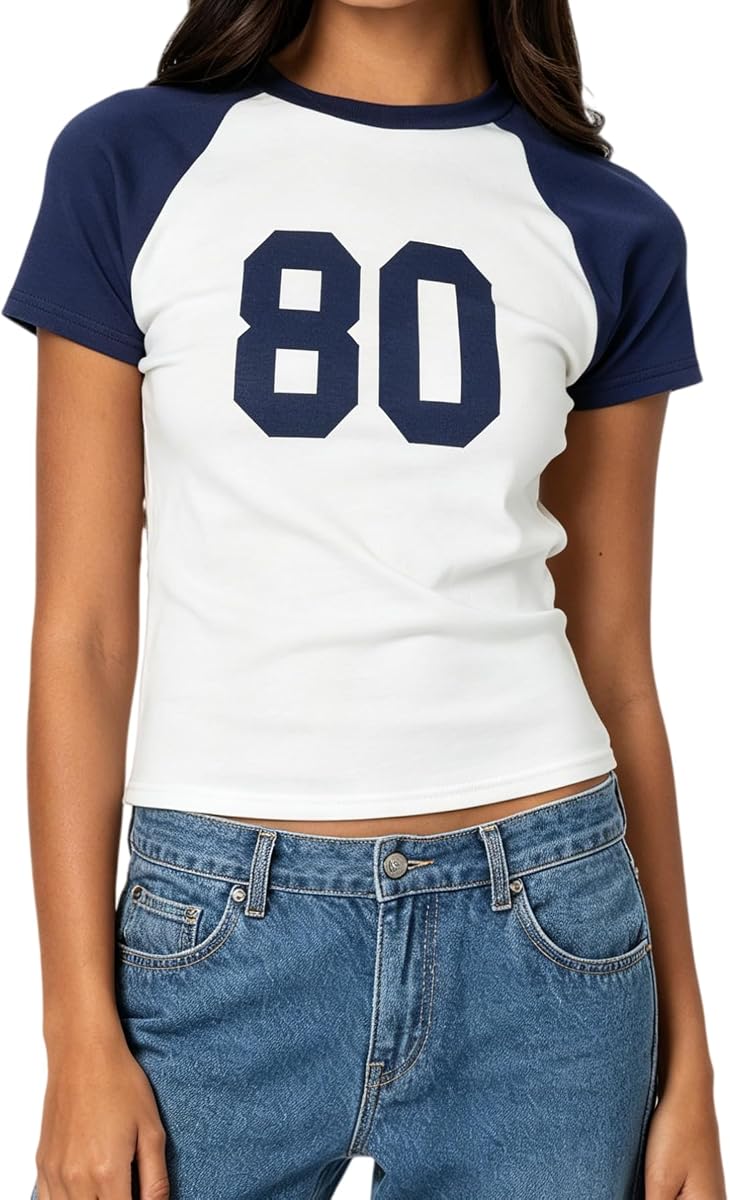 Jersey Baby Tees for Women Short Sleeve Number Print Baseball Tee Shirts Y2k Summer Slim Fit Cropped Shirt Top