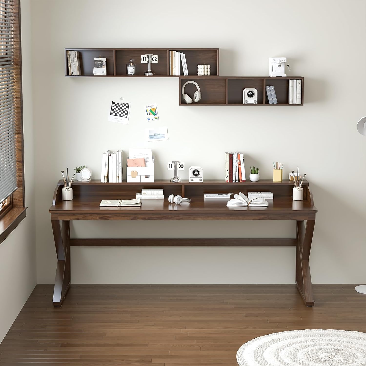 OSCHF Long Desk with Monitor Stand - 63" Double Long Computer Table for 2-Person Workstation, Large Writing Study Work Desk for Home and Office, Walnut