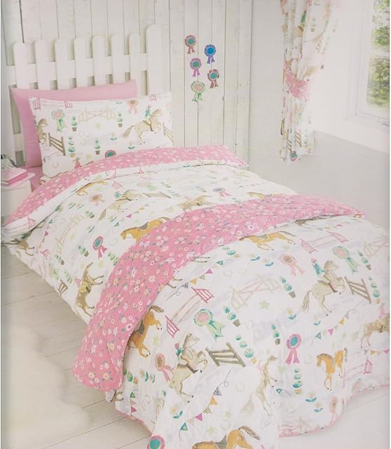 Kids Club Horses Girls Quilt Duvet Cover and 2 Pillowcase Bed Set Kids Pink Floral Reverse, Polyester-Cotton, Double, 12395228