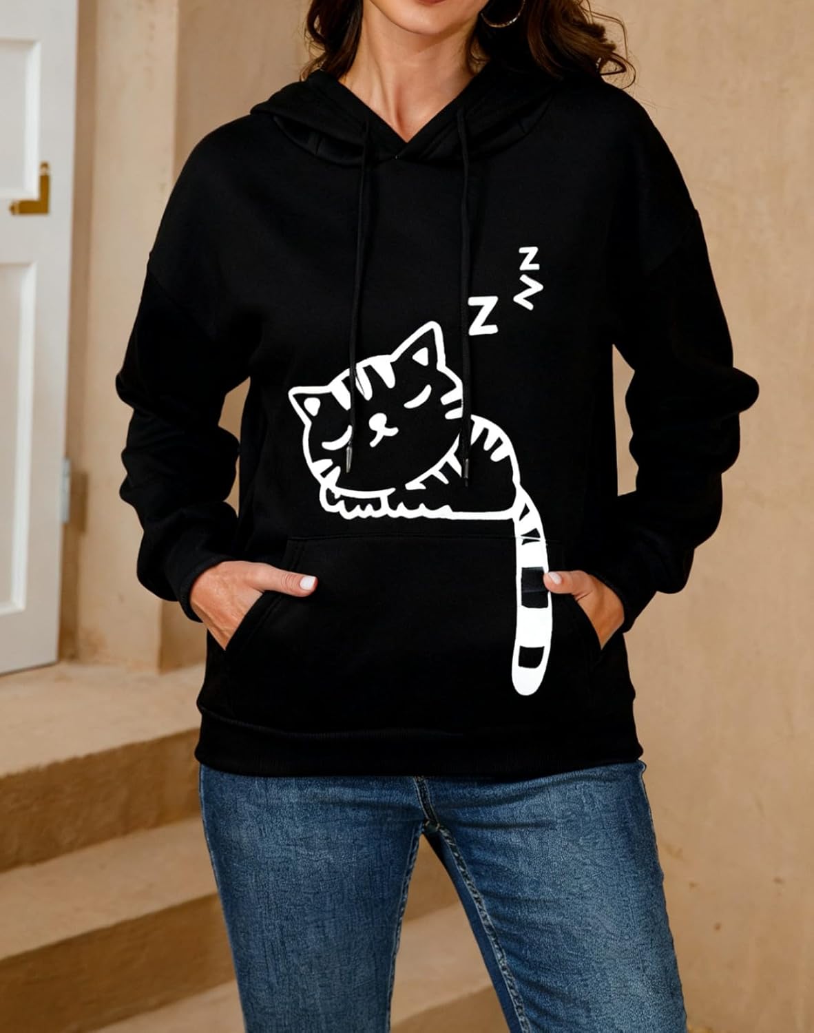 Women Girl Hoodies Cute Cat Ear Novelty Printed Pullover Sweatshirt - Image 2