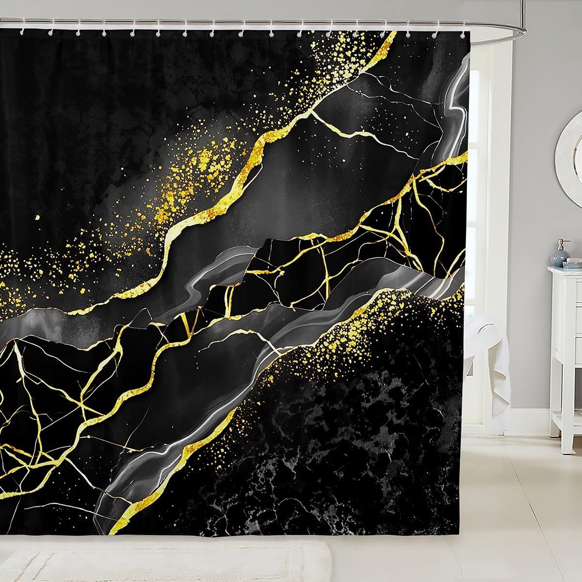 Erosebridal Brown Marble Shower Curtain 72" Wx84 L, Gold Crack Bathroom Shower Curtain Sets, Abstract Metallic Texture Fabric Shower Curtain, Luxury Shinny Boho Hippie Fluid Bath Curtain