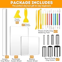 Vista 2 de Honoson Juego de 24 piezas de herramientas para esculpir arcilla, juegos de herramientas de arcilla polimérica, set de bricolaje con rodillo, lámina
