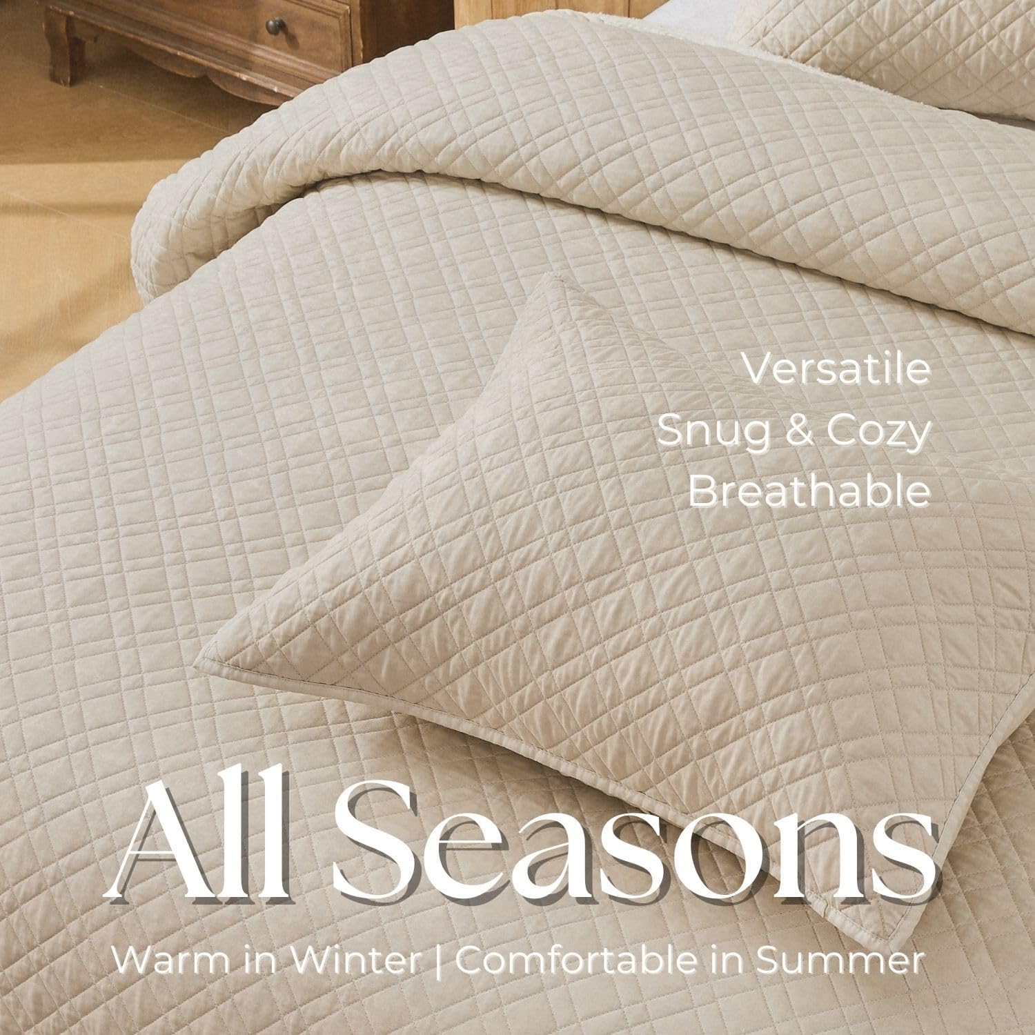 King Quilt Set with Shams Lightweight Quilted Bedspread Coverlet Thin Comforter Bed Cover Vintage Washed Quilted Blanket for All Season, Brushed Microfiber Diamond Stitching, Beige, 104"x92" - Image 7