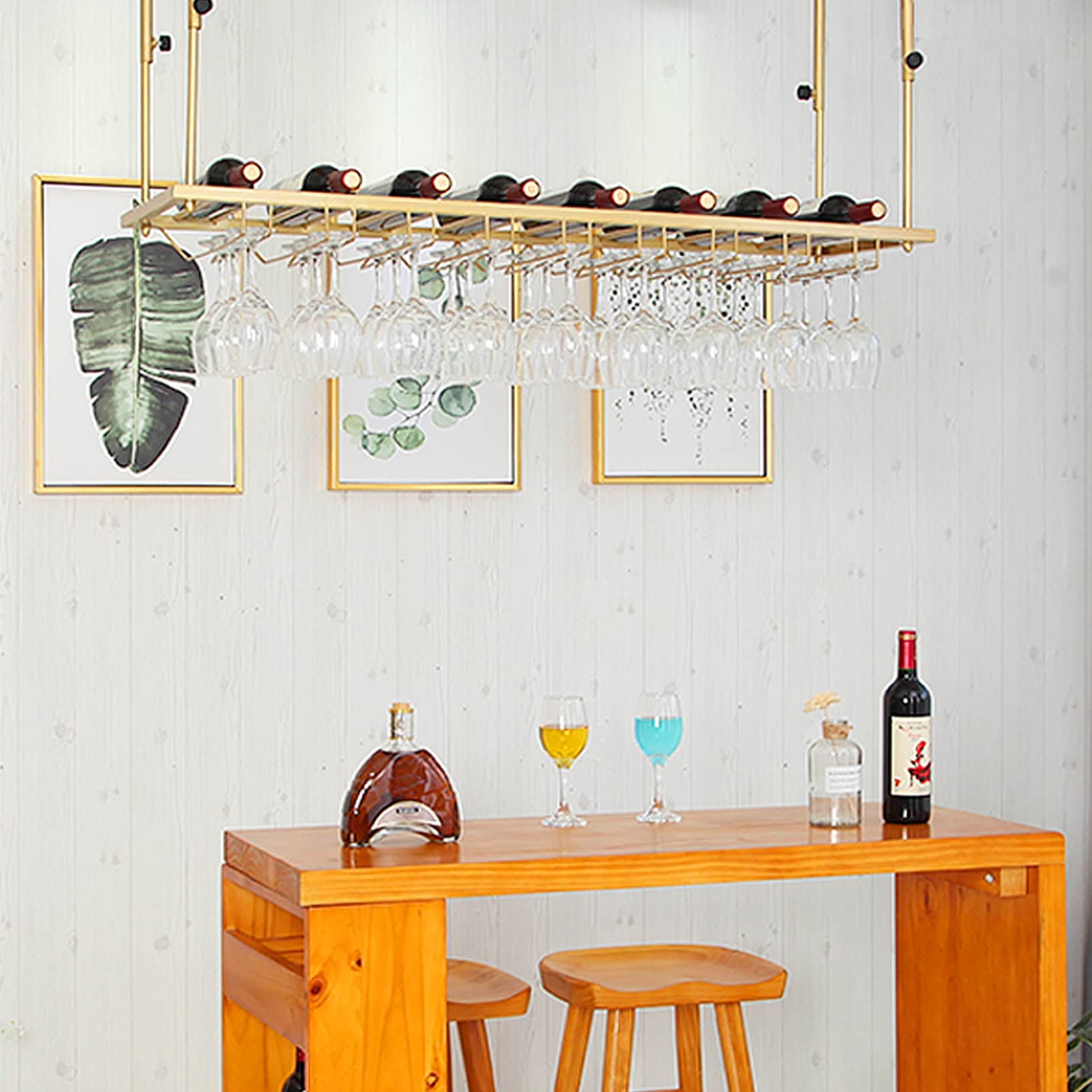 Botellero Dorado Creativo | Estante para Botellas de Vino y Copas, Soporte metálico para Colgar en el Techo, Ideal para Barra de Cocina bajo Mueble (tamaño: 100 x 35 cm)