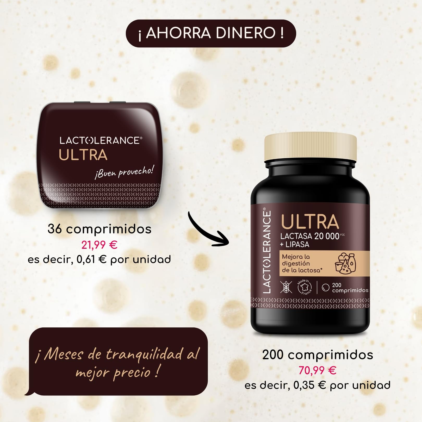 LACTOLERANCE ULTRA - Alta concentración de lactasa (20.000 FCC) y lipasa (500 UI) - Doble acción para la digestión de lactosa y grasas - Envase de 36 comprimidos - Fabricado en Francia