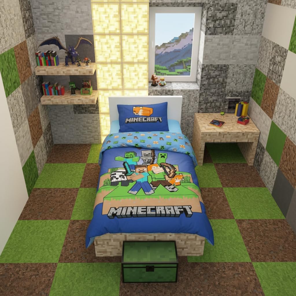 Minecraft Pościel dla dzieci, poszwa na kołdrę 140 x 200 cm i poszewka na poduszkę 50 x 70 cm, 100% bawełna, miękka, oddychająca i dwustronna, wzór Minecraft "Ready to Survive"
