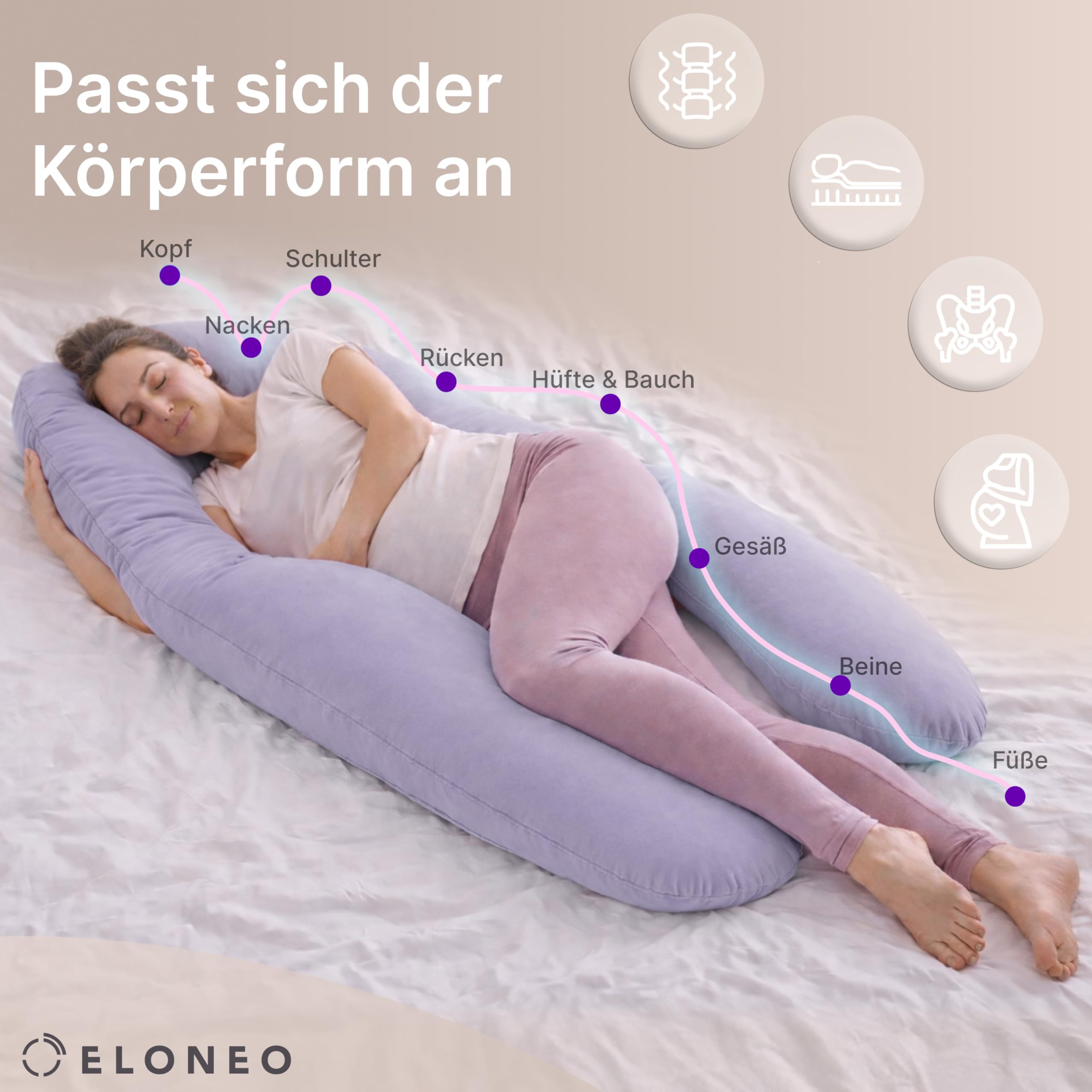 ELONEO NEU Seitenschläferkissen mit Bezug | Stillkissen | Schwangerschaftskissen XXL | Pregnancy Pillow | Komfortkissen für die Schwangerschaft | Lesekissen waschbar, lila