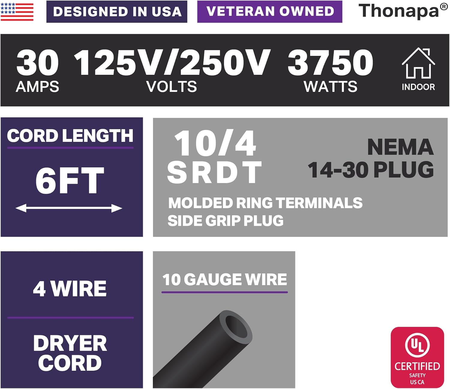 Thonapa 4 Prong Dryer Cord 6 Ft, 30 AMP Appliance Extension Cord with 4 Prong, NEMA 14-30 Plug, 10/4 SRDT 6 Foot, Black - US Veteran Owned Company