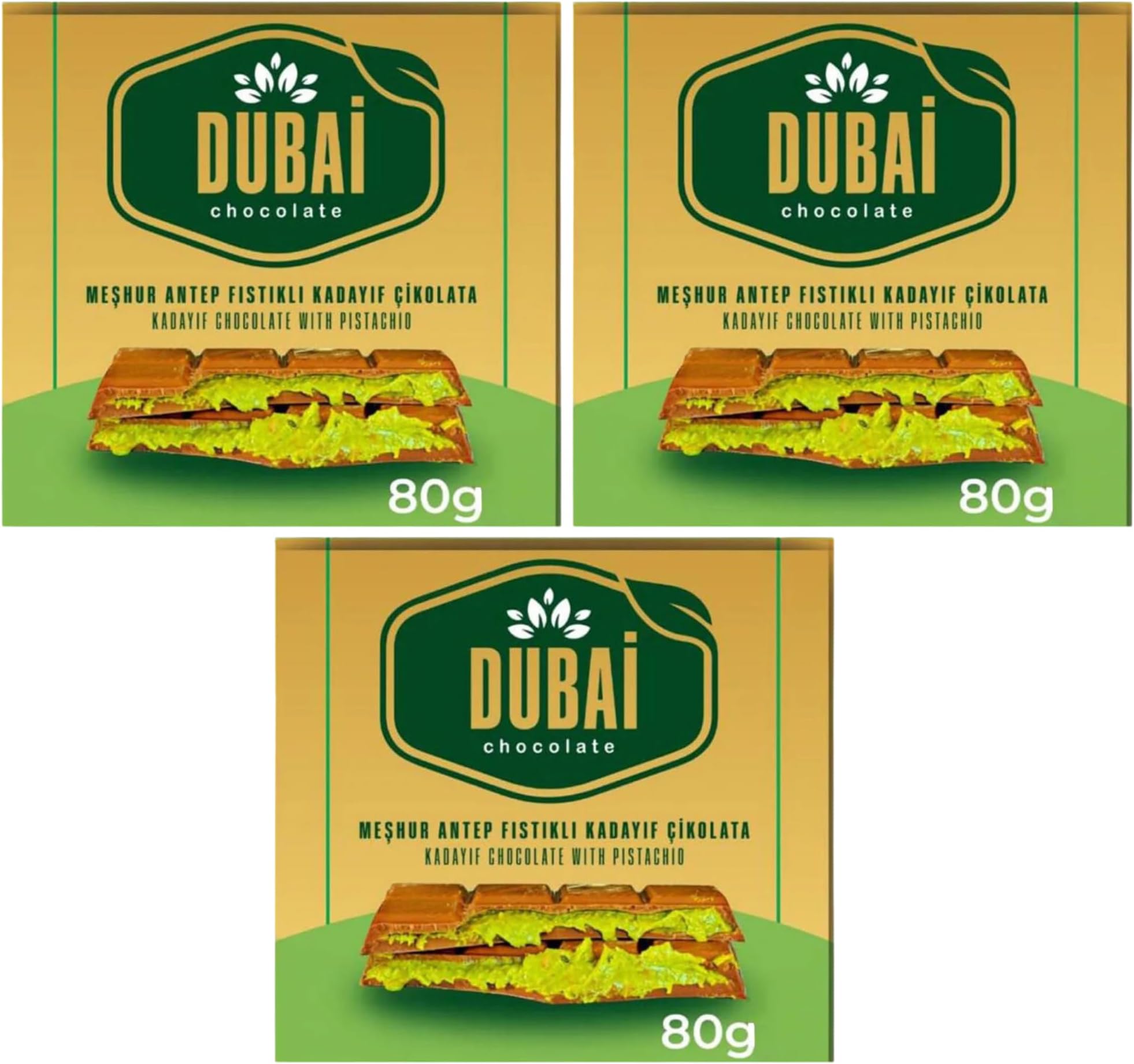 Dubai Chocolate Bar with Kadayif and Pistachio Cream 80g Dubai Kunefe knafeh Chocolate Small Gifts for Snack Treats Kids Family & Friend (Pack of 3)