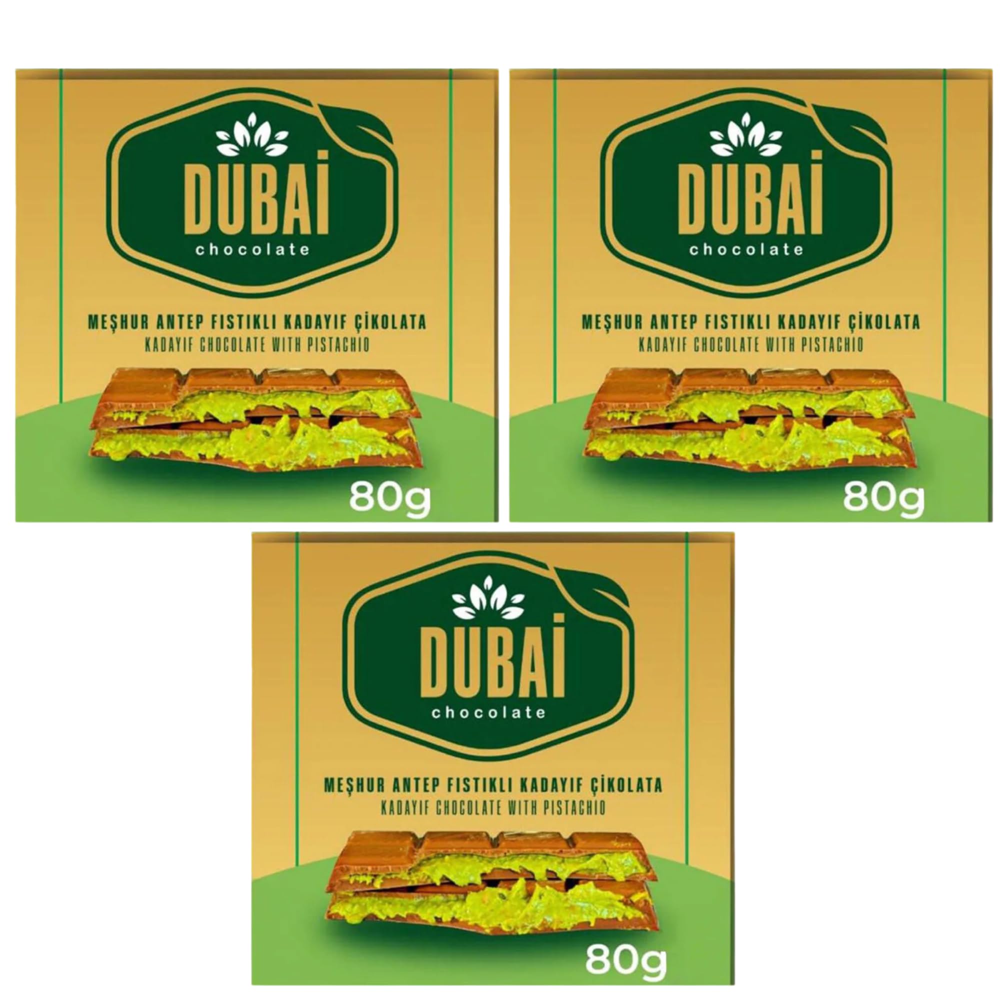 Dubai Chocolate Bar with Kadayif and Pistachio Cream 80g Dubai Kunefe knafeh Chocolate Small Gifts for Snack Treats Kids Family & Friend (Pack of 3)