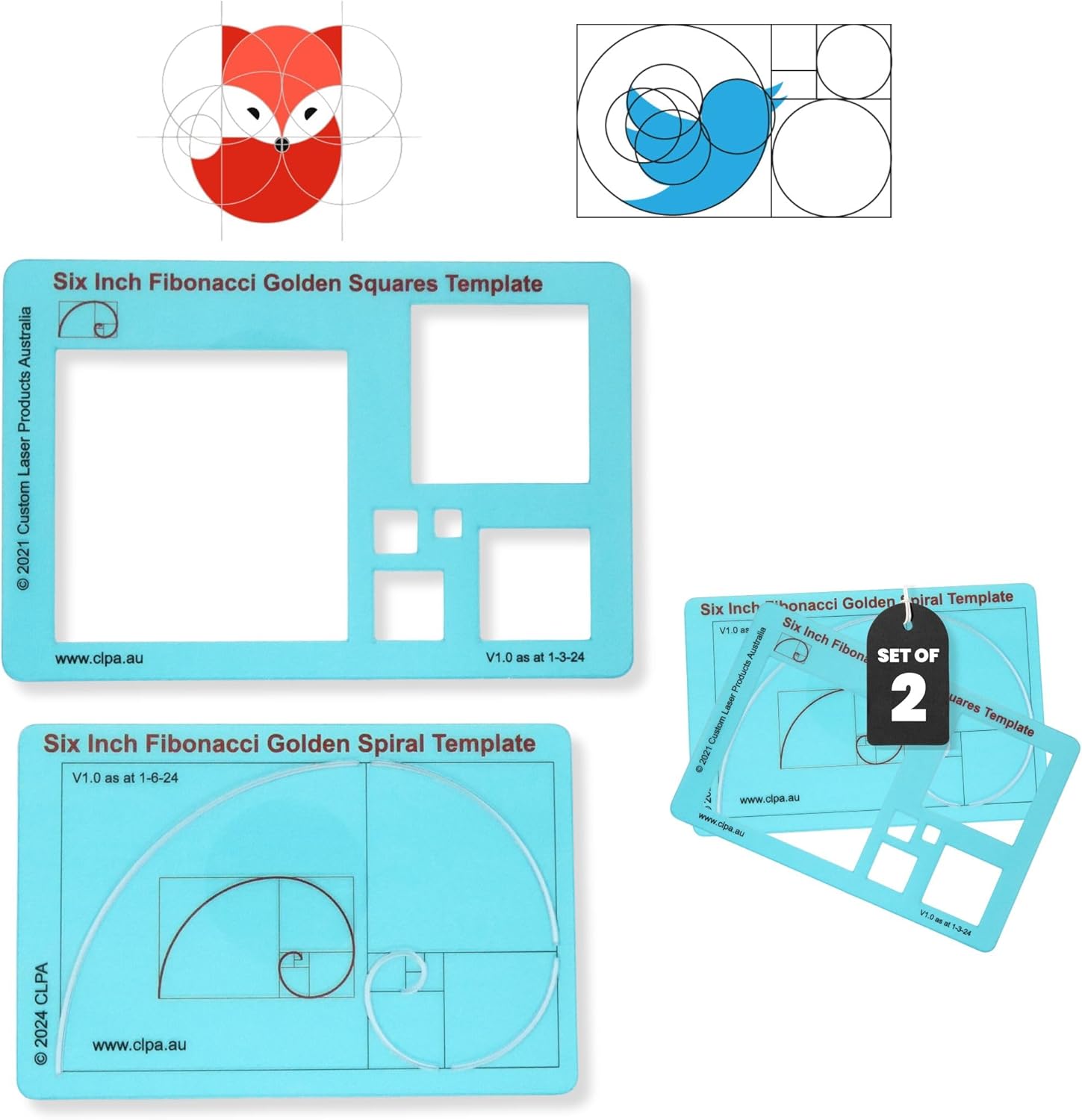 Fibonacci 2-Piece Template Set — 6" Square and Spiral | Golden Ratio Drawing Tools | Fibonacci Art and Drafting Stencils | Clear PETG | Made in Australia