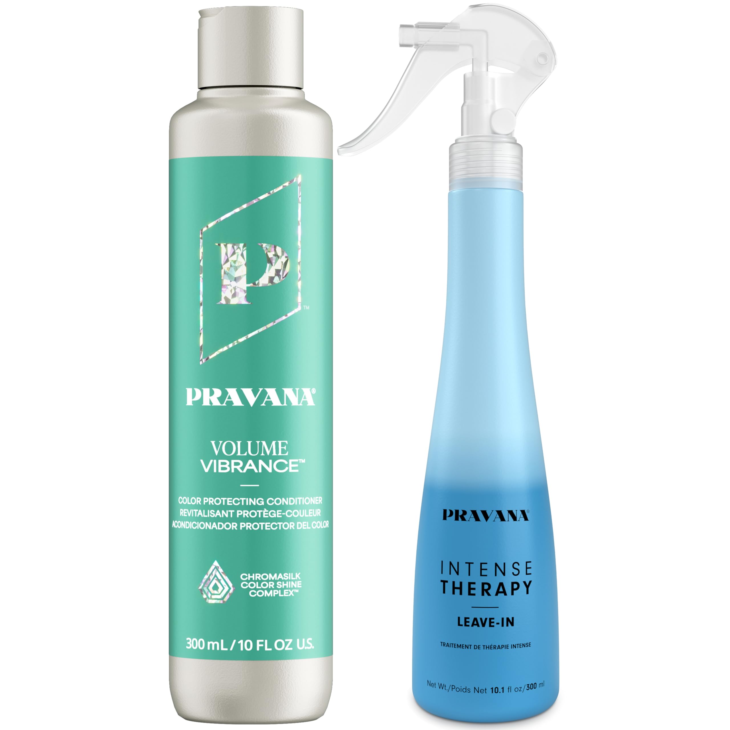 PRAVANA Volume Vibrance Conditioner & Intense Therapy Leave-In Treatment Spray | Adds Lightweight Volume, Lift & Fullness | For Fine, Color Treated Hair | Strengthens & Reduces Breakage | 10 Fl Oz