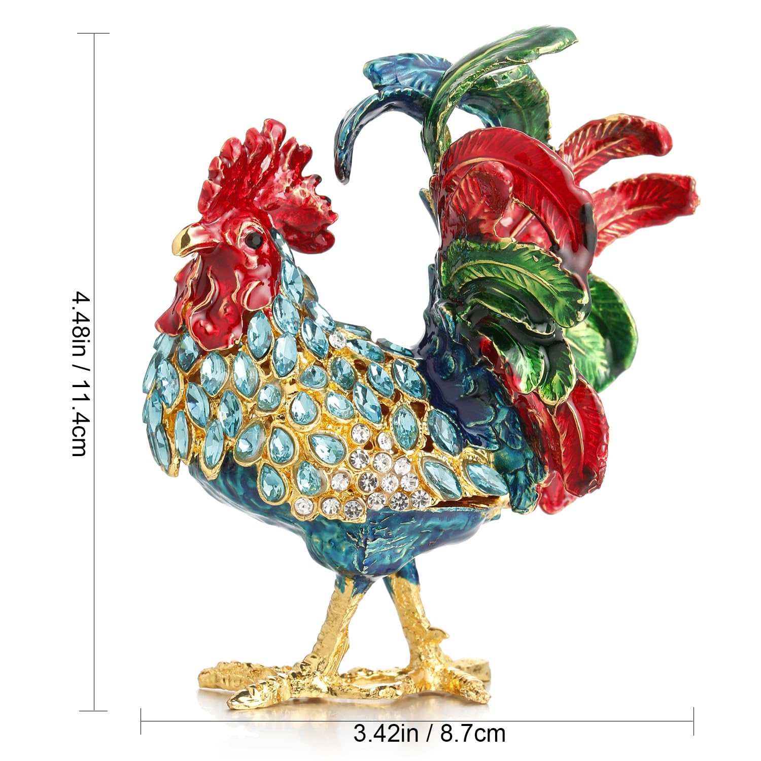 Hand Painted Enamel Rooster Trinket Box, Unique Home Decor Figurine Keepsake Collectible, Personalized Elegant Handmade Ornament (Rooster-Blue)