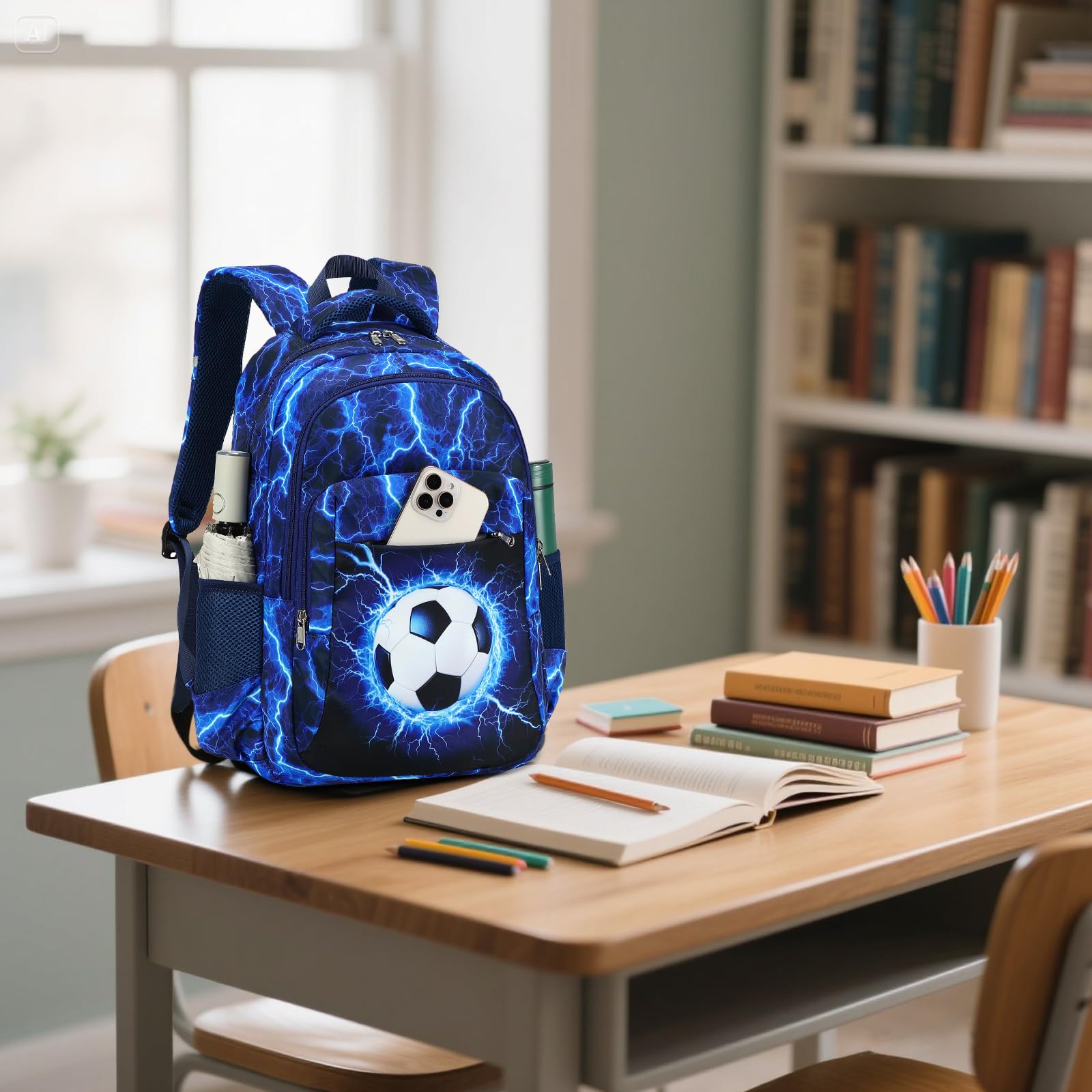 LEDAOU Mochila escolar para jóvenes y adolescentes, para niñas, para el tiempo libre, Fútbol de re, large, Mochila escolar