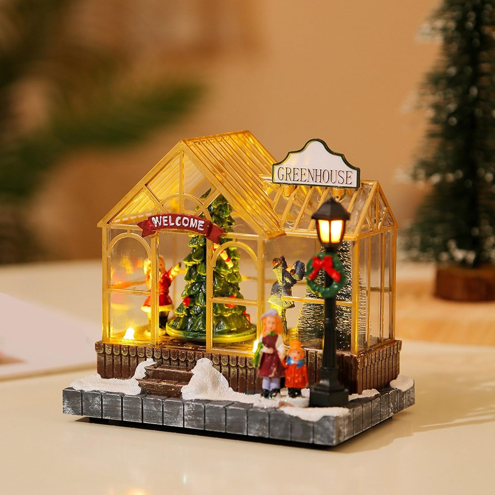 Adorno de resina musical de temporada navideña con luz LED, figura giratoria de árbol de Navidad, decoración de escritorio, adorno musical de casa