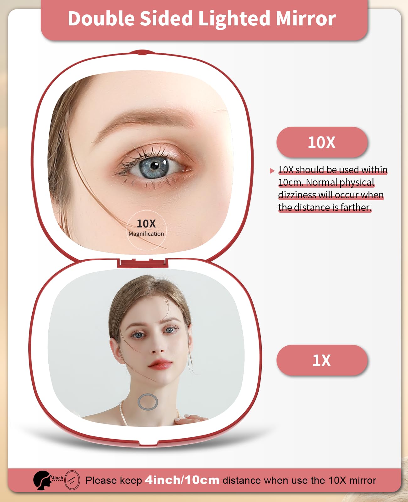 WOBSION Travel Mirror with Light for Makeup 1x/10x Magnifying Compact Mirror for Handbag 10cm Rechargeable Pocket Mirrors - Image 2