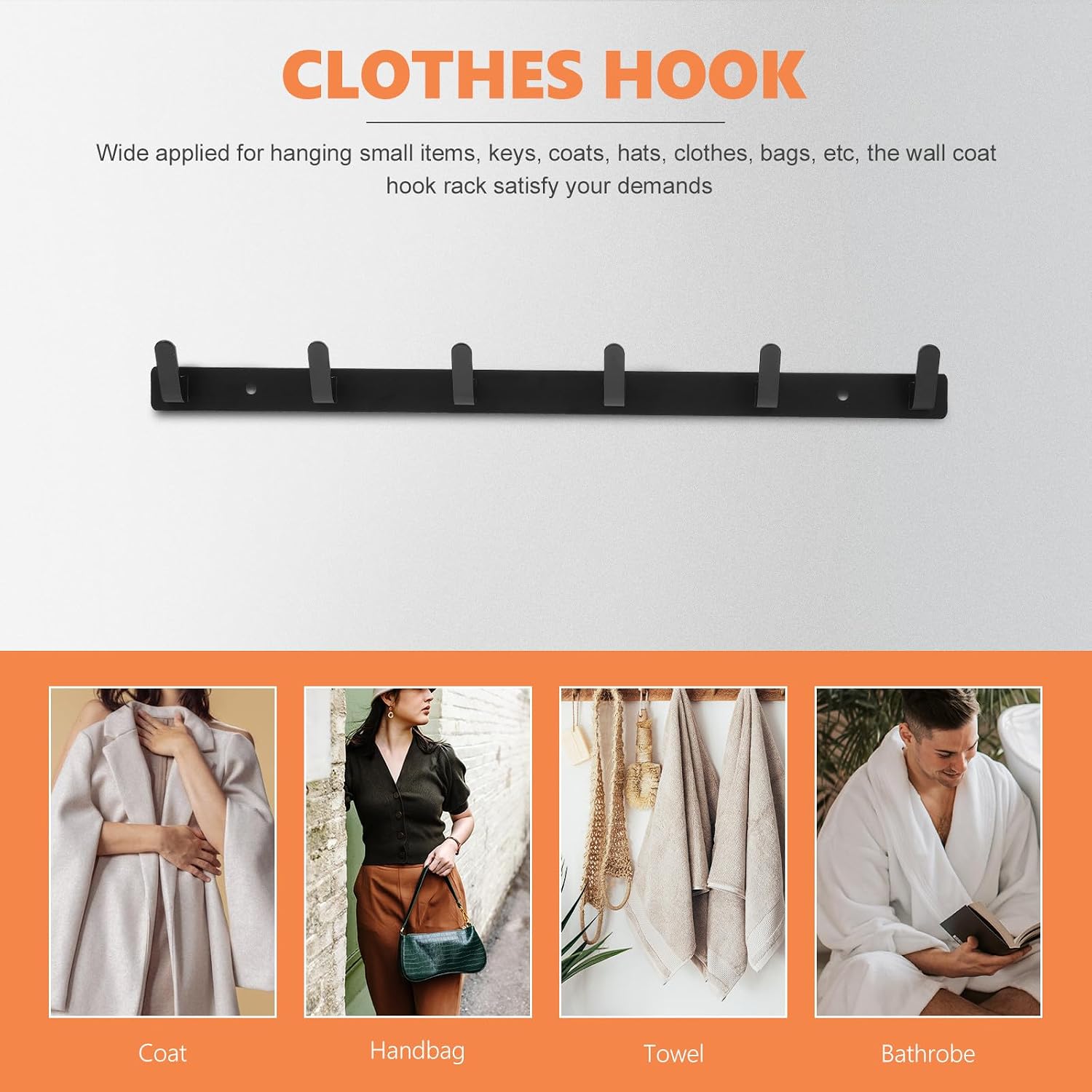 HANABASS Wall Mount Hook Rack with 6 Aluminum Hooks for Clothes and Hats for Bathroom and Laundry Rooms Modern Minimalist Design