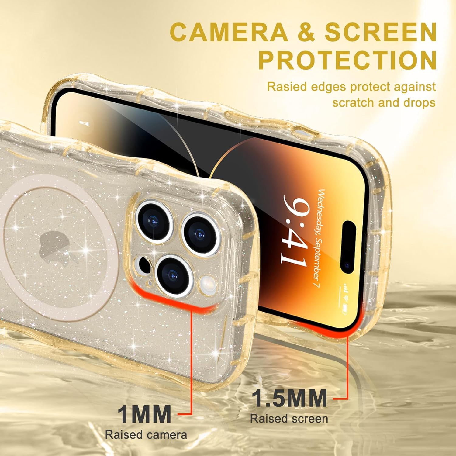 Magnetic for iPhone 14 Pro Max Case Clear, Sparkly Bling Glitter Cute Curly Wave Cover for Women Men Compatible with MagSafe TPU Shockproof Protective Phone Case for iPhone 14 Pro Max, Gold - Image 4