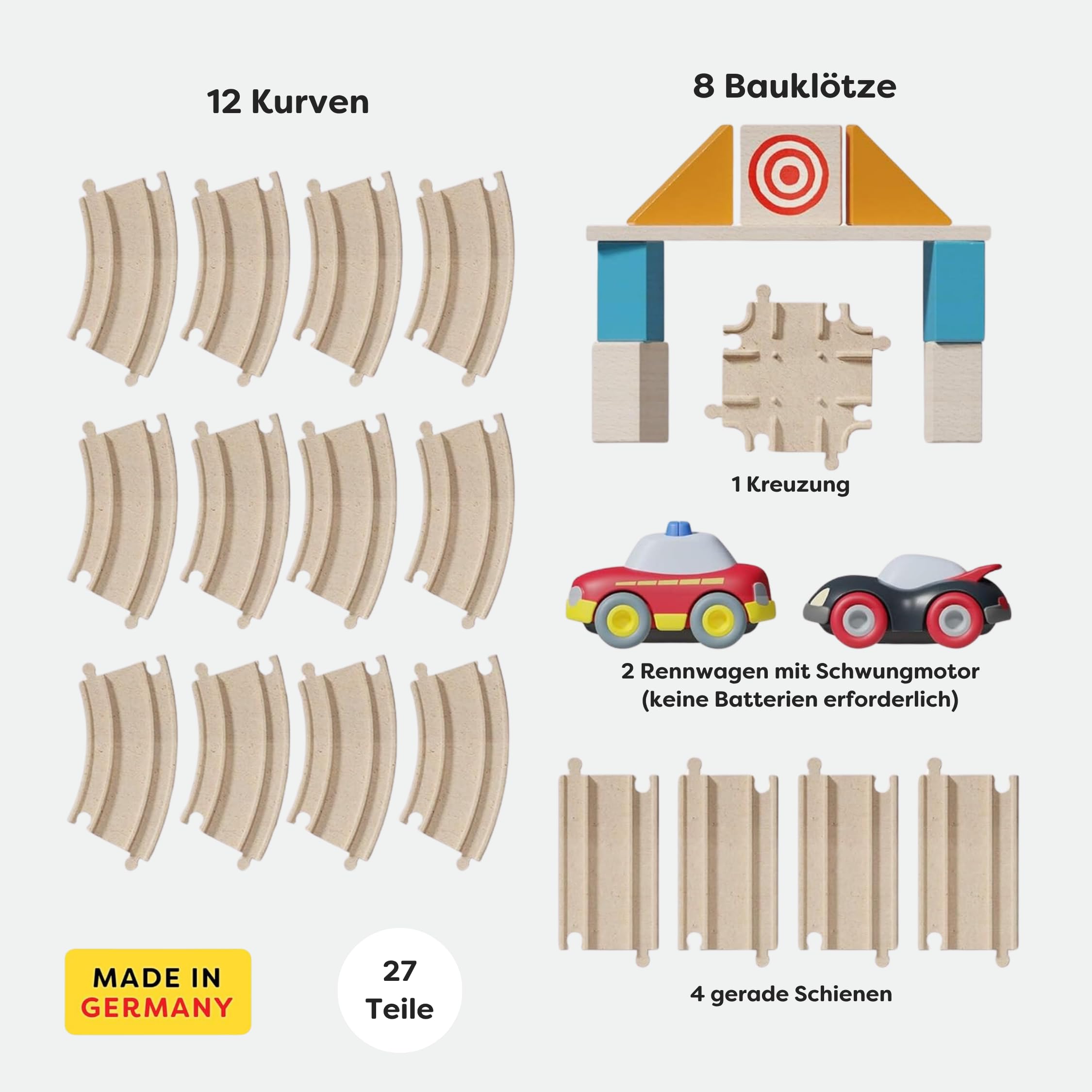 HABA Cars Meine erste Rennbahn – 27-teilige Holzbahn mit Holz-Schienen & 2 Flitzern – Nachhaltiges Öko-Spielzeug ab 2 Jahren – Geschenk zum 2. 3. & 4. Geburtstag & Weihnachten