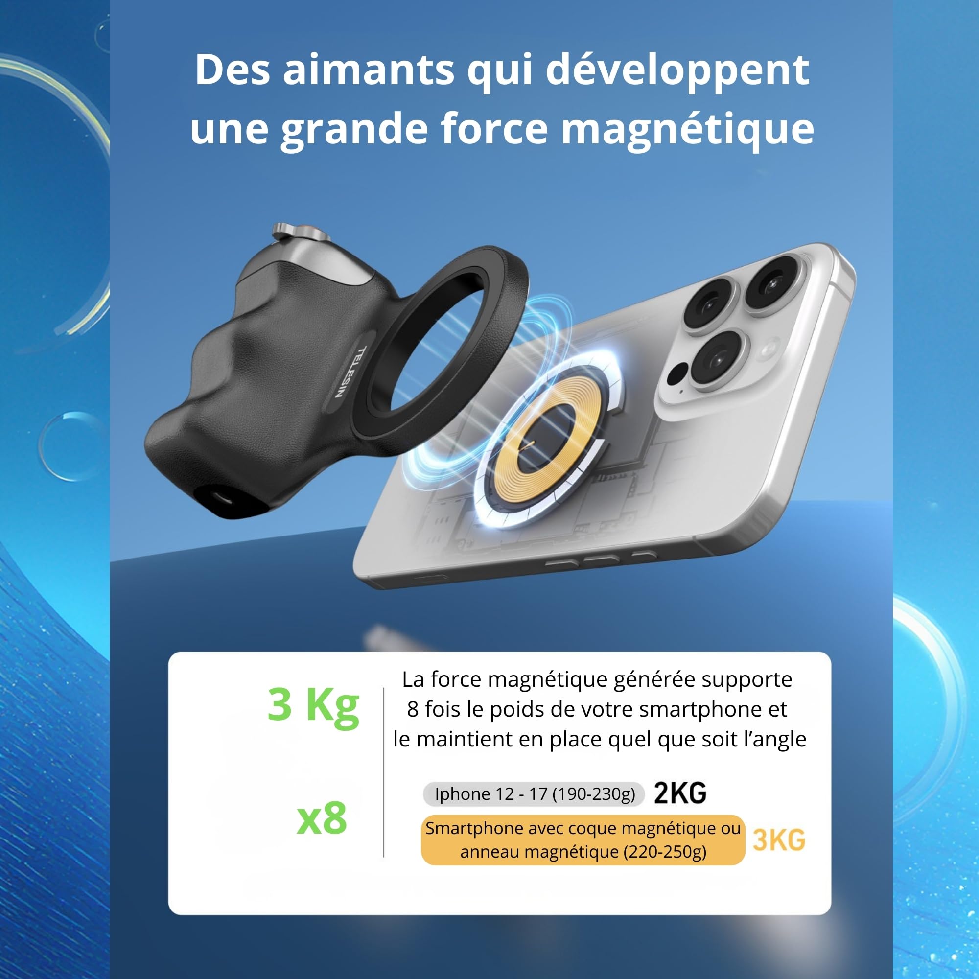 Webstar Tech® Poignée magnétique Bluetooth Smartphone | Support Vlog & Selfies | Grip stabilisateur avec télécommande détachable | Photos et vidéos avec Une Seule Main | Iphone & Android