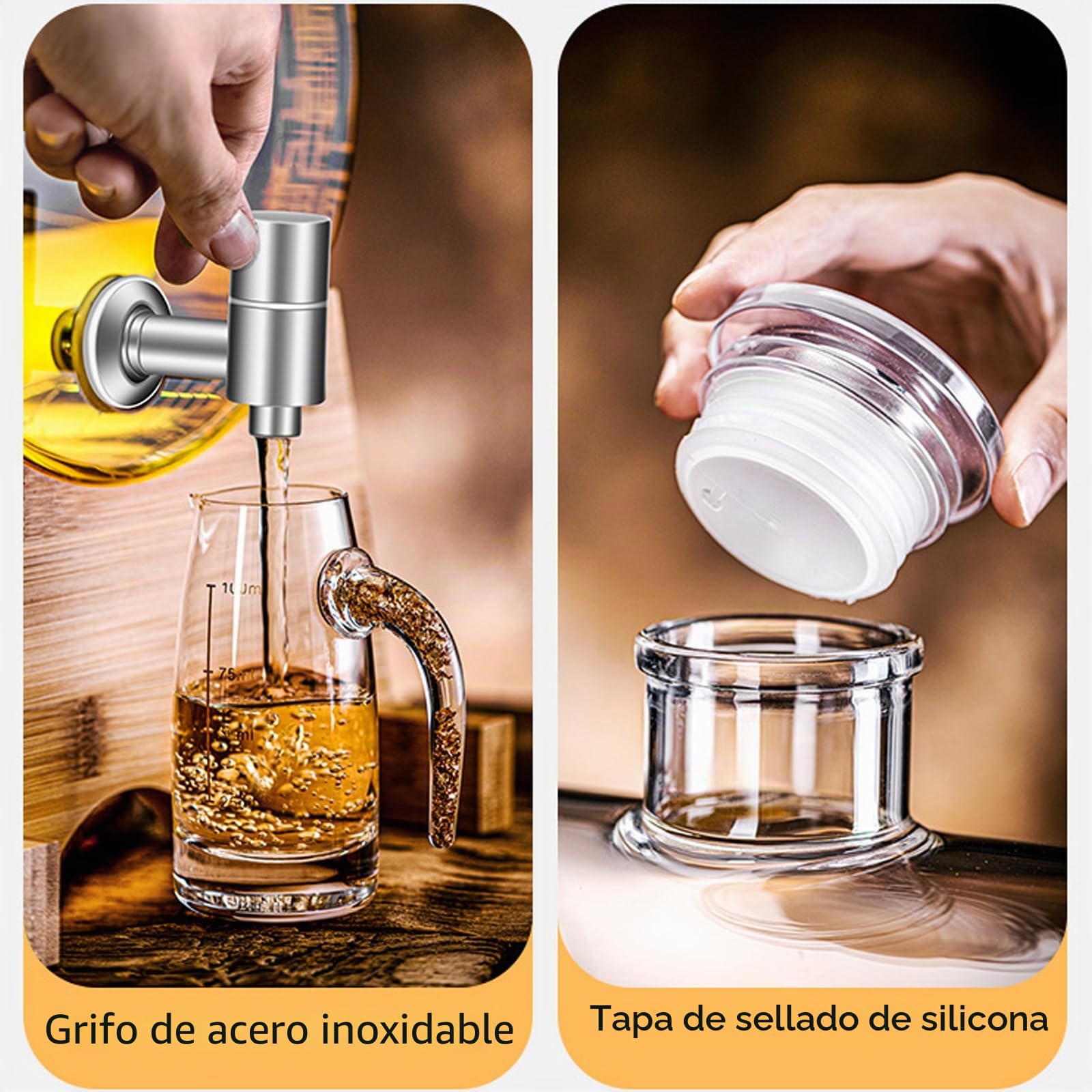 Barril de vino de vidrio con grifo, decantador de whisky con soporte, dispensador de bebidas en forma de barril de 3 a 5 l, jarra de vidrio, pico