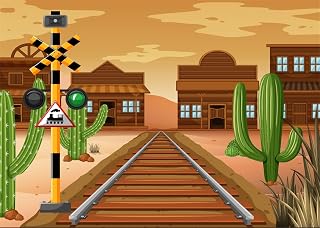 7x5ft Western Town Backdrop Train Track Railroad Desert Cactus Photography Background Wild West Western Cowboy Cowgirl Baby Shower Birthday Party Decoration Baby Kids Photo Booth Props