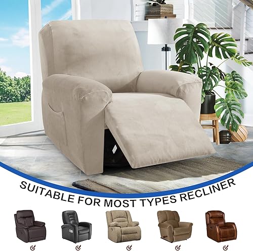 Vista 39 de MAXIJIN - Funda para sillón reclinable de terciopelo de 4 piezas, elástica, afelpada, gruesa y suave, con bolsillo lateral (camello)